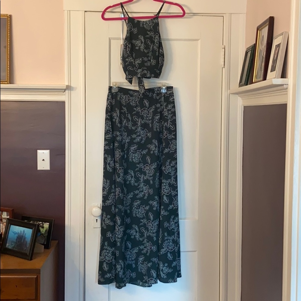 Green floral maxi skirt and cropped tank top set